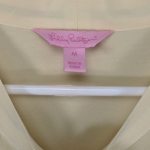 Lilly Pulitzer Women's M Beige 100% Silk Sheer Blouse, Neck Tie Balloon Sleeves - Picture 2 of 6